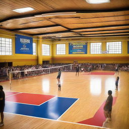 An indoor volleyball court filled with a group of people actively playing a game