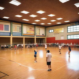 An indoor volleyball court filled with a group of people actively playing a game