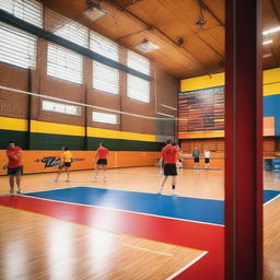 An indoor volleyball court filled with a group of people actively playing a game