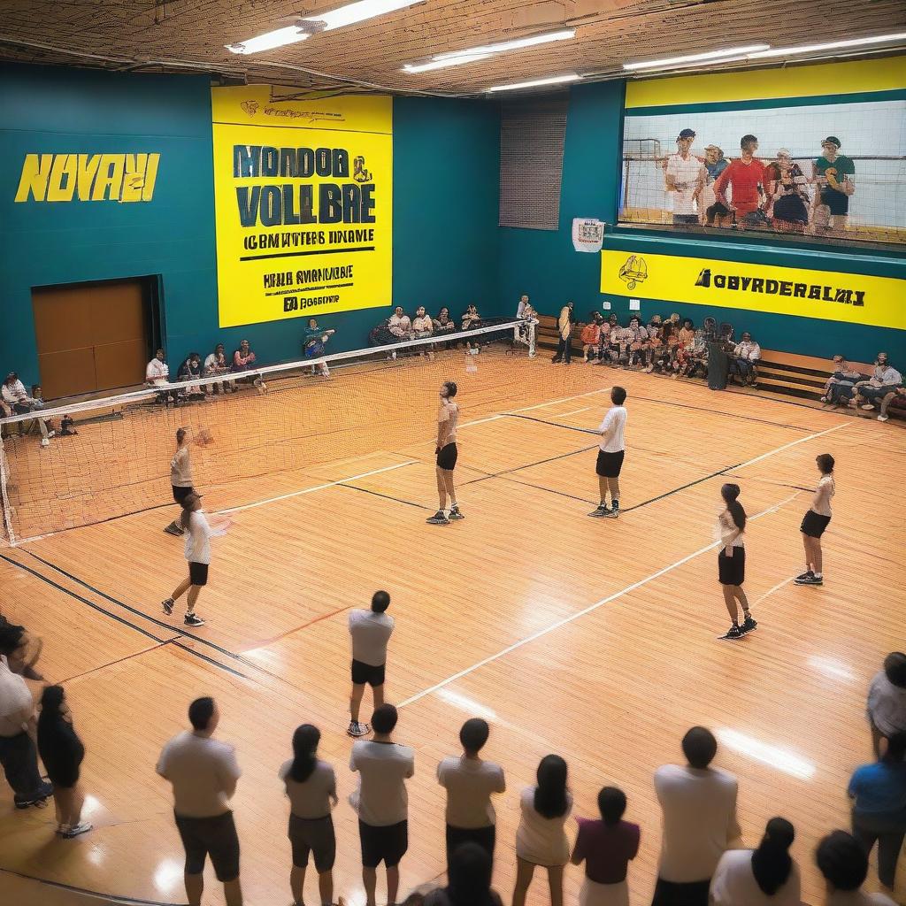 An indoor volleyball court filled with a group of people actively playing a game