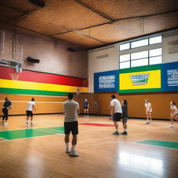 An indoor volleyball court filled with a group of people actively playing a game