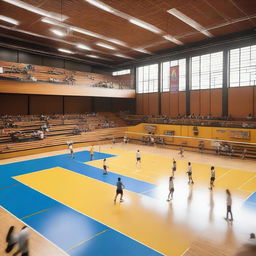 An indoor volleyball court filled with a group of people actively playing a game