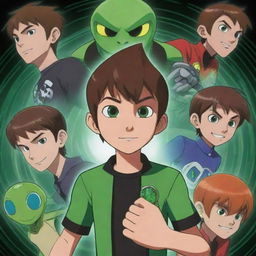 Ben 10 in anime style, showcasing the various alien forms he can transform into with his alien watch