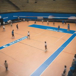 An indoor volleyball court with correct markings, surrounded by several large advertising signs featuring various brands and products