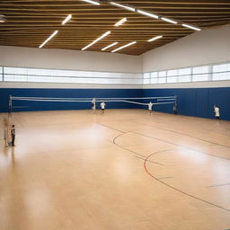 An indoor volleyball court with correct markings, surrounded by several large advertising signs featuring various brands and products