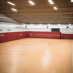 An indoor volleyball court with correct markings, surrounded by several large advertising signs featuring various brands and products