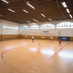 An indoor volleyball court with correct markings, surrounded by several large advertising signs featuring various brands and products