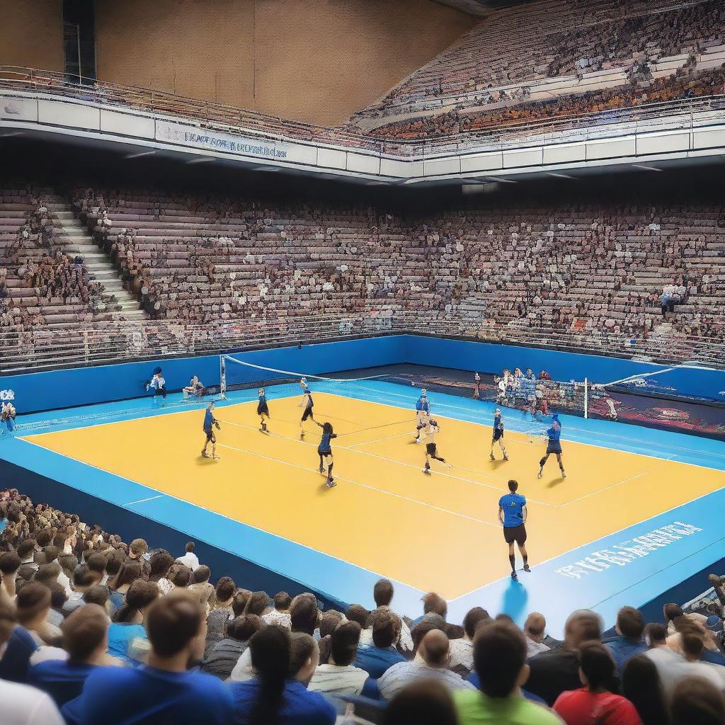 A vibrant volleyball court with sponsor banners around the perimeter, a cheering crowd in the stands, and players actively engaged in a match on the court