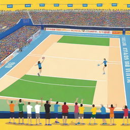 A vibrant volleyball court with sponsor banners around the perimeter, a cheering crowd in the stands, and players actively engaged in a match on the court