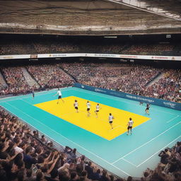 A vibrant volleyball court with sponsor banners around the perimeter, a cheering crowd in the stands, and players actively engaged in a match on the court