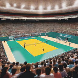 A vibrant volleyball court with sponsor banners around the perimeter, a cheering crowd in the stands, and players actively engaged in a match on the court