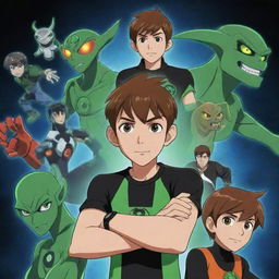 Ben 10 in anime style, showcasing the various alien forms he can transform into with his alien watch