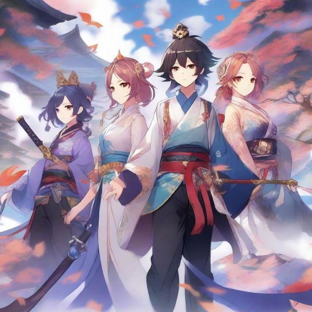 A detailed and vibrant illustration of characters from 原神 (Genshin Impact), showcasing their unique outfits, weapons, and magical abilities in a dynamic and colorful fantasy setting