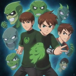 Ben 10 in anime style, showcasing the various alien forms he can transform into with his alien watch