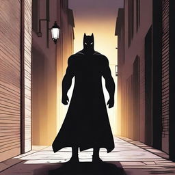 Create a mysterious superhero standing in a dark city alley