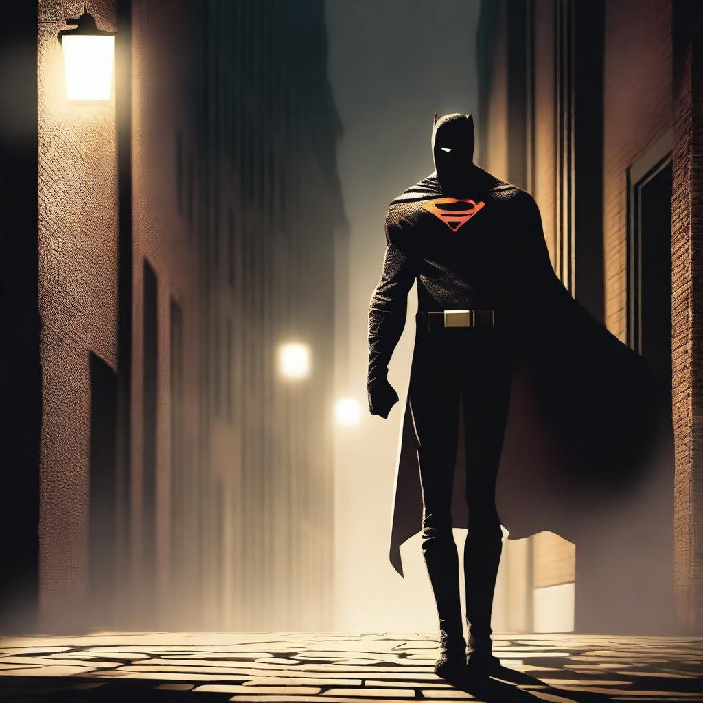 Create a mysterious superhero standing in a dark city alley