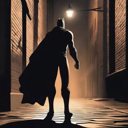 Create a mysterious superhero standing in a dark city alley