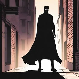 Create a mysterious superhero standing in a dark city alley