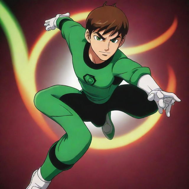 Anime-styled rendition of Ben 10, a popular cartoon character, dynamic pose, vibrant colors