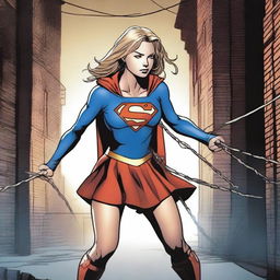 Supergirl is tied up with ropes, looking determined to break free