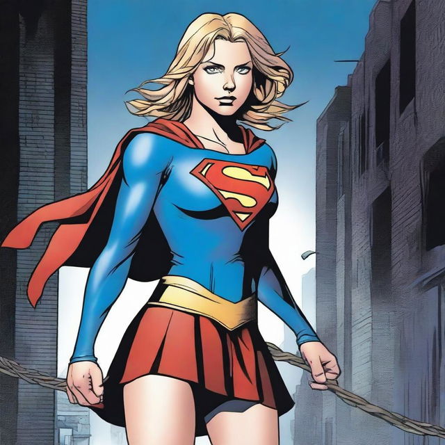 Supergirl is tied up with ropes, looking determined to break free