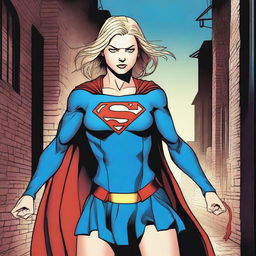 Supergirl is tied up with ropes, looking determined to break free