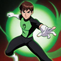 Anime-styled rendition of Ben 10, a popular cartoon character, dynamic pose, vibrant colors