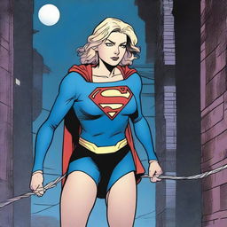 Supergirl is tied up with ropes, looking determined to break free