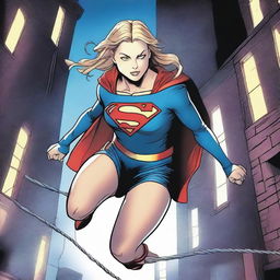 Supergirl is tied up with ropes, looking determined to break free