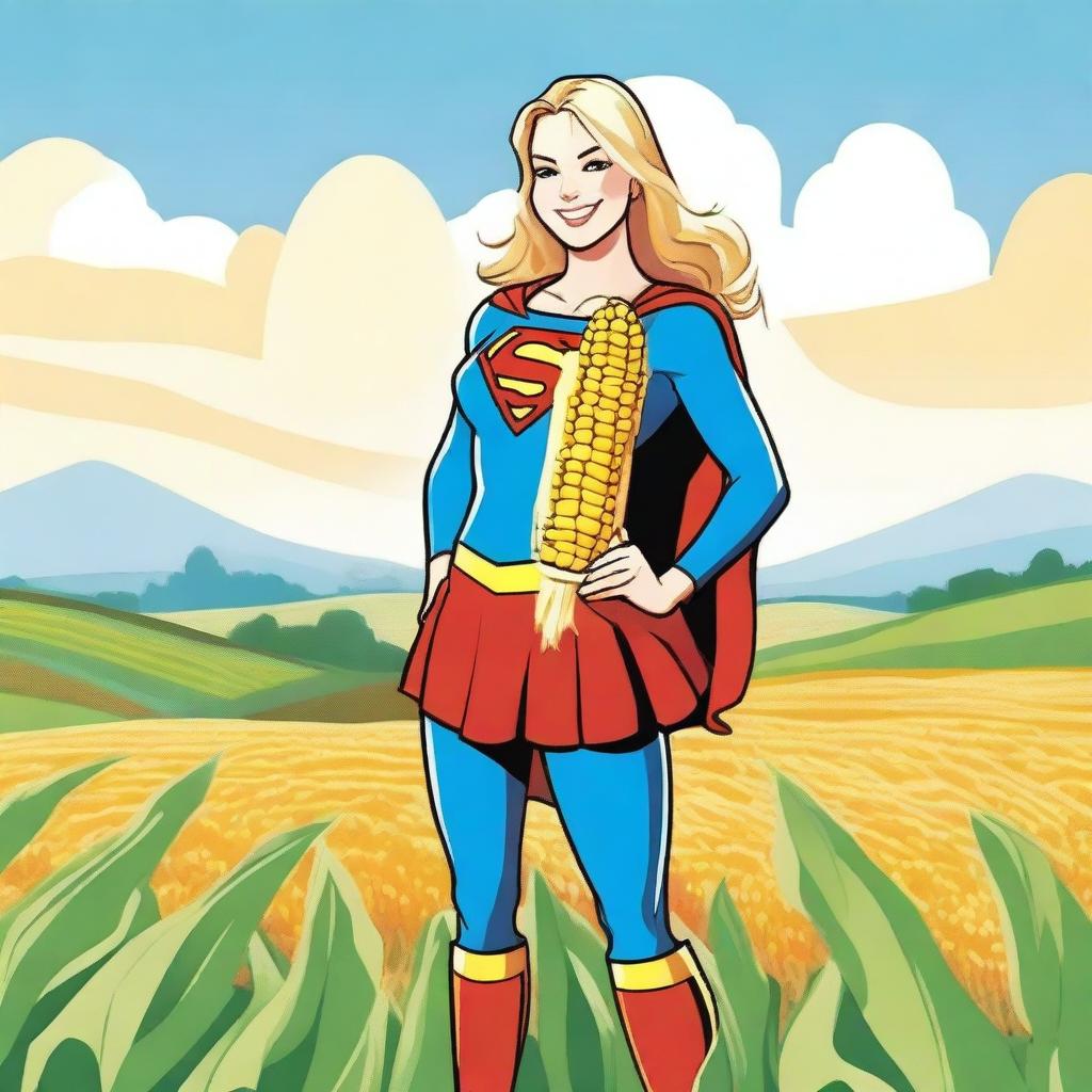 Supergirl is holding a giant corn on the cob covered with cheese, smiling happily