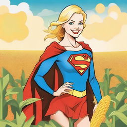 Supergirl is holding a giant corn on the cob covered with cheese, smiling happily