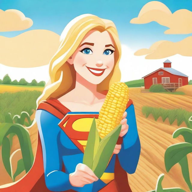 Supergirl is holding a giant corn on the cob covered with cheese, smiling happily