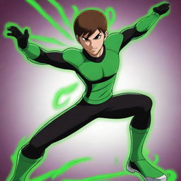 Anime-styled rendition of Ben 10, a popular cartoon character, dynamic pose, vibrant colors