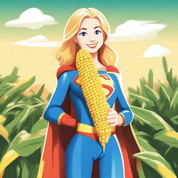 Supergirl is holding a giant corn on the cob covered with cheese, smiling happily