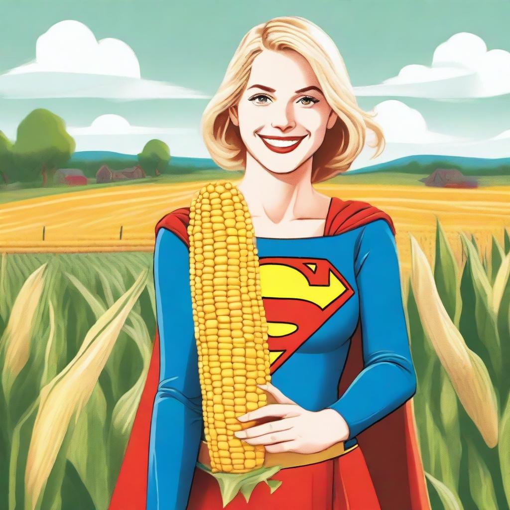 Supergirl is playfully holding a giant corn on the cob covered with cheese close to her face, as if about to take a big bite