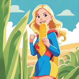 Supergirl is playfully holding a giant corn on the cob covered with cheese close to her face, as if about to take a big bite