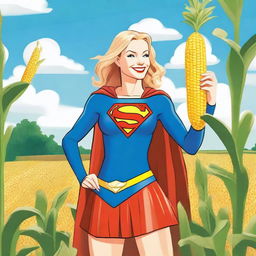 Supergirl is playfully holding a giant corn on the cob covered with cheese close to her face, as if about to take a big bite