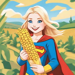 Supergirl is playfully holding a giant corn on the cob covered with cheese close to her face, as if about to take a big bite