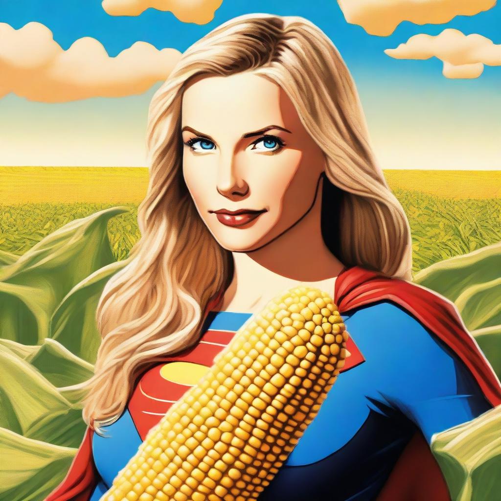 A realistic depiction of Supergirl holding a giant corn on the cob covered with cheese close to her face, giving a seductive look