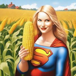 A realistic depiction of Supergirl holding a giant corn on the cob covered with cheese close to her face, giving a seductive look