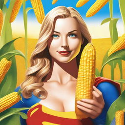 A realistic depiction of Supergirl holding a giant corn on the cob covered with cheese close to her face, giving a seductive look