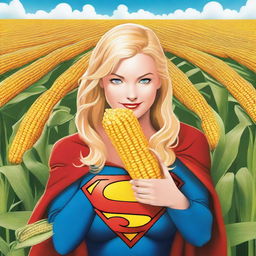 A realistic depiction of Supergirl holding a giant corn on the cob covered with cheese close to her face, giving a seductive look