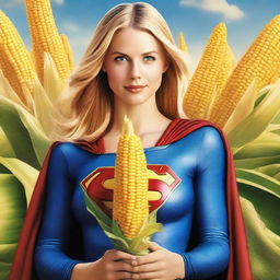 A hyper-realistic depiction of Supergirl holding a giant corn on the cob covered with cheese close to her face, giving a seductive look