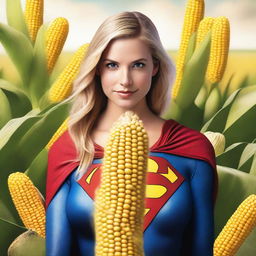 A hyper-realistic depiction of Supergirl holding a giant corn on the cob covered with cheese close to her face, giving a seductive look