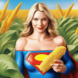 A hyper-realistic depiction of Supergirl holding a giant corn on the cob covered with cheese close to her face, giving a seductive look