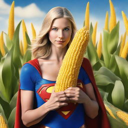 A hyper-realistic depiction of Supergirl holding a giant corn on the cob covered with cheese close to her face, giving a seductive look