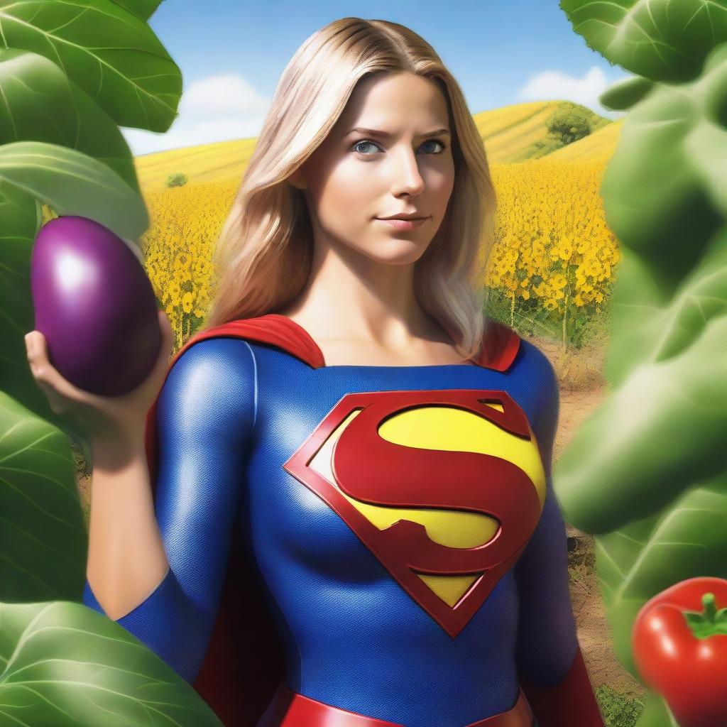 A hyper-realistic depiction of Supergirl holding a giant brinjal (eggplant) covered with cheese close to her face, giving a seductive look