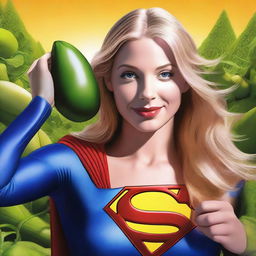 A hyper-realistic depiction of Supergirl holding a giant brinjal (eggplant) covered with cheese close to her face, giving a seductive look