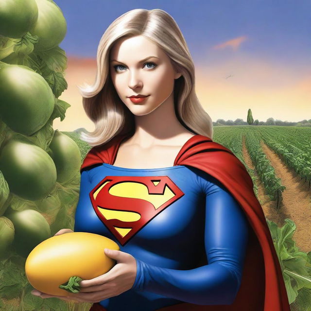 A hyper-realistic depiction of Supergirl holding a giant brinjal (eggplant) covered with cheese close to her face, giving a seductive look