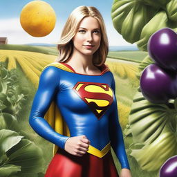 A hyper-realistic depiction of Supergirl holding a giant brinjal (eggplant) covered with cheese close to her face, giving a seductive look